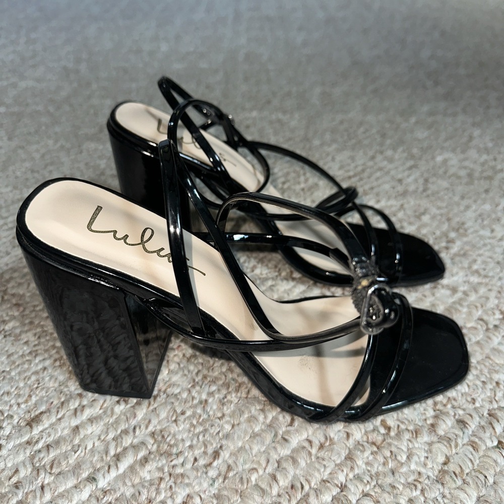 Lulus Women's Black‎ Patten Leather Adjustable Strap Platform Sandals Heels Sz 9